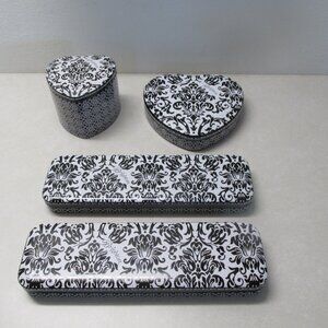 BRIGHTON METAL TIN BLACK & WHITE DAMASK SET of 4 JEWELRY OFFICE STORAGE